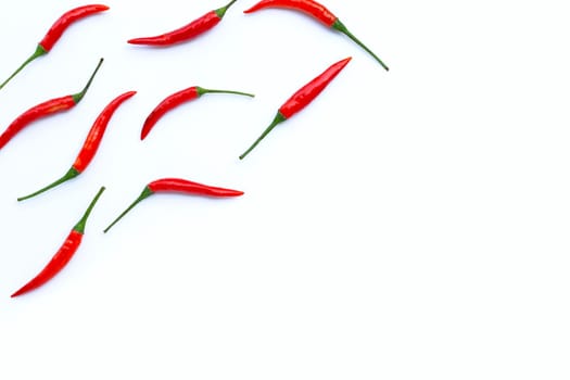 Hot chili peppers on white background. Top view