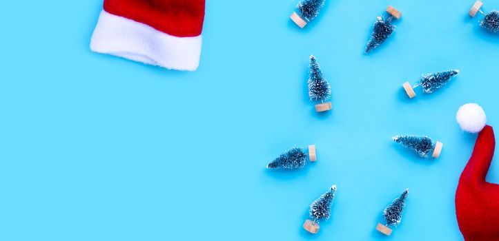 Santa hats with miniature christmas pine tree on blue background.
