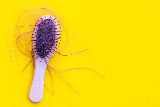 Hairs loss fall in comb on yellow background.