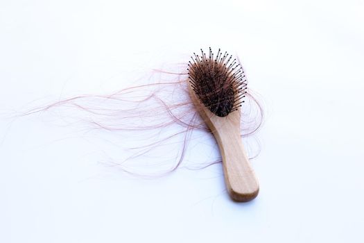 Hairs loss fall in comb on white background.