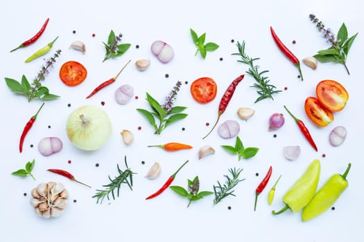Cooking ingredients, Various fresh vegetables and herbs on white background. Healthy eating concept