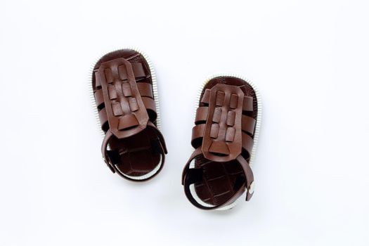 Children's shoes on white background. Top view