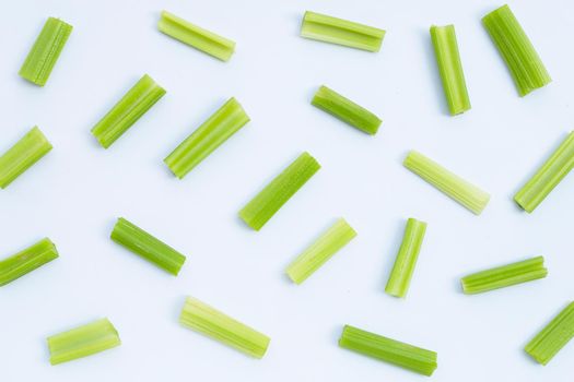 Fresh celery on white background. Top view
