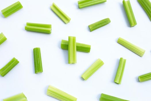 Fresh celery on white background. Top view
