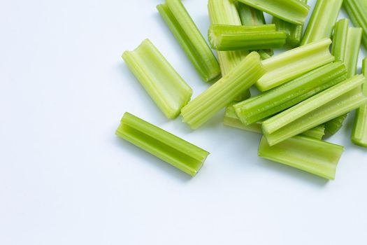 Fresh celery on white background. Top view