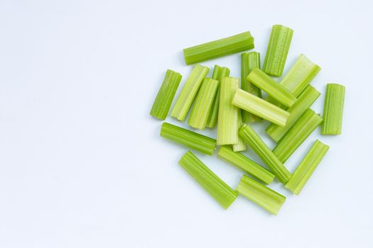 Fresh celery on white background. Top view