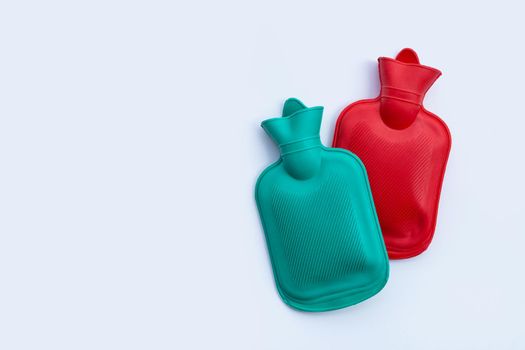 Hot water bags on white background. Copy space