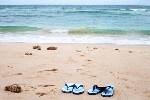 Sea and wave with blue sky. Flip flops on beach