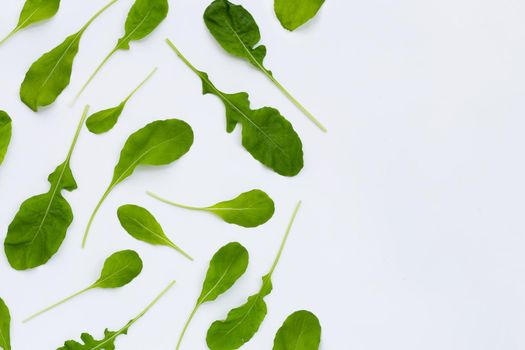 Fresh green rocket salad on white background.