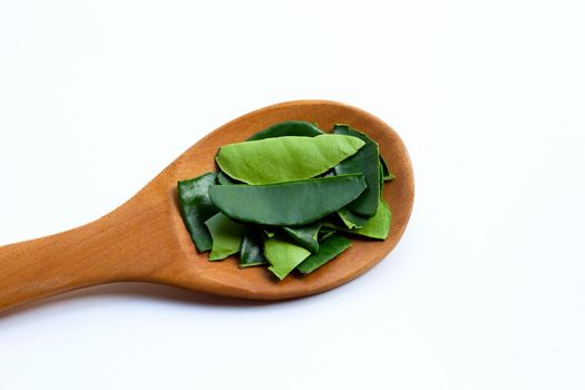 Bergamot kaffir lime leaves herb fresh ingredient isolated on white background.