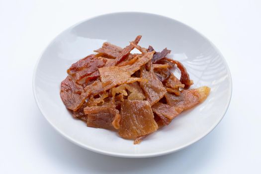 Sweet pork or pork Jerky on white background. Top view
