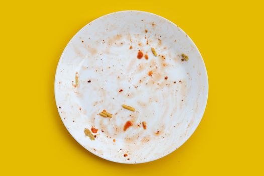 Dirty dish on yellow background.