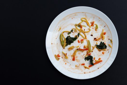 Dirty dish on dark background.