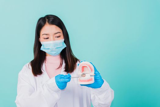 Asian beautiful woman dentist holding professional tool and pointing model teeth denture, female doctor checking denture isolated on blue background. Dental hygiene surgery health care concept