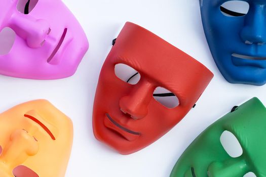 Face masks on white background. Top view
