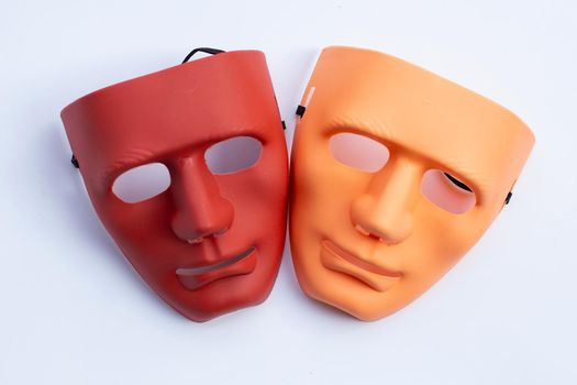 Face masks on white background. Top view