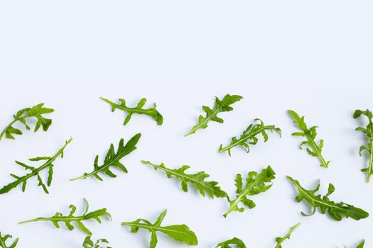 Fresh green rocket salad on white background.