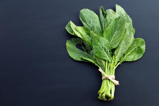 Collard green leaves with holes, eaten by pest. Organic Vegetable on dark background.