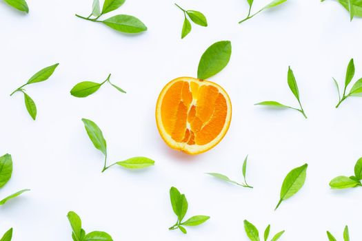High vitamin C, Juicy and sweet. Fresh orange fruit with green leaves on white background.