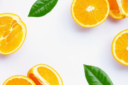High vitamin C, Juicy and sweet. Frame made of fresh orange fruit on white background.