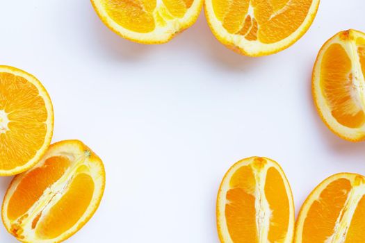 High vitamin C, Juicy and sweet. Frame made of fresh orange fruit on white background.