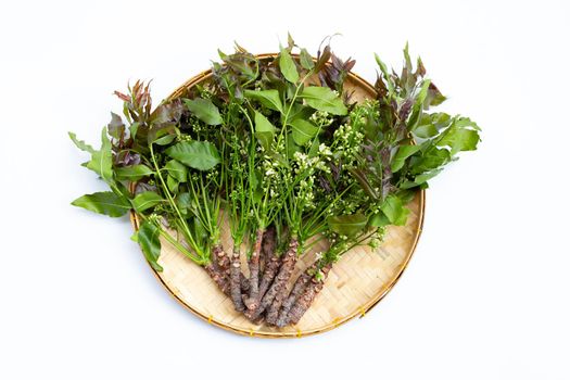 Neem leaves and flowers on wihte background.