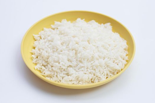 Dish of rice on white background.