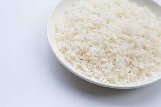 Dish of rice on white background.