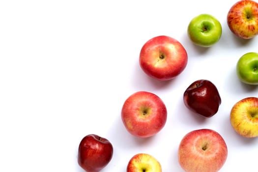 Fresh juicy apples on white background. Copy space