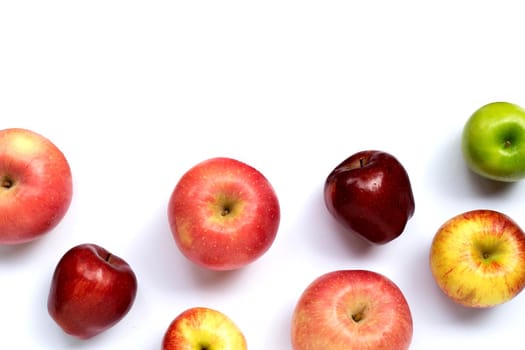Fresh juicy apples on white background. Copy space
