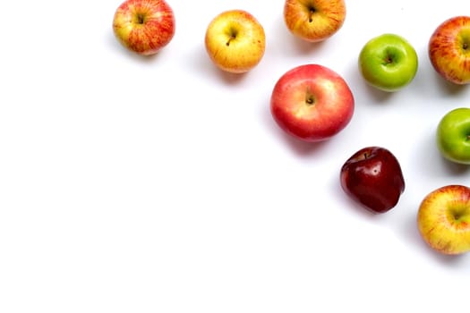 Fresh juicy apples on white background. Copy space