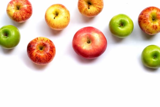 Fresh juicy apples on white background. Copy space