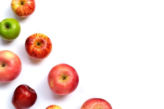 Fresh juicy apples on white background. Copy space