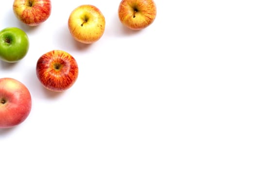 Fresh juicy apples on white background. Copy space