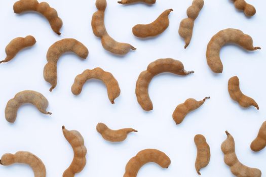 Tamarind tropical fruit on white background. Top view