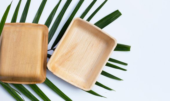 Betel palm leaf plates on white background.