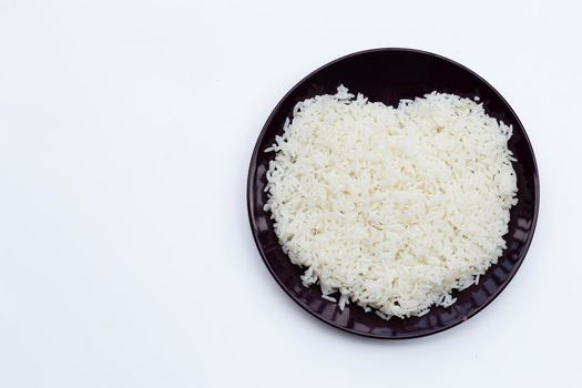 Dish of rice on white background.