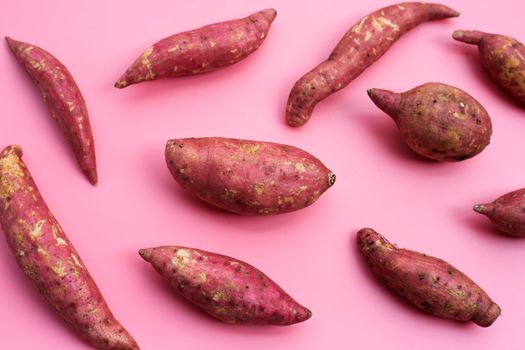 Sweet potato on pink background. Top view
