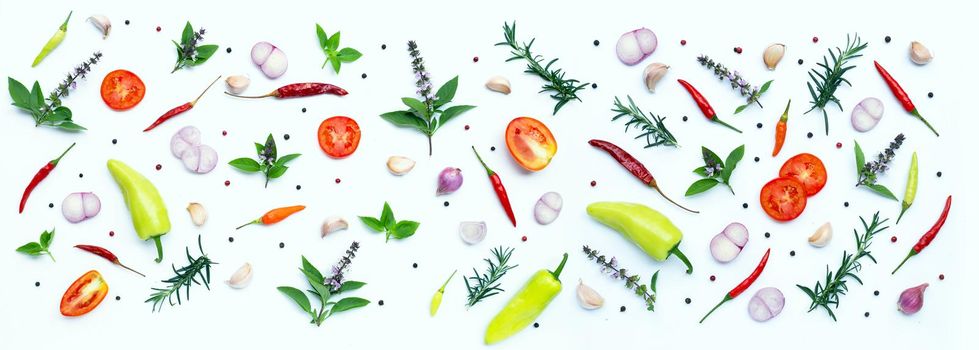 Cooking ingredients, Various fresh vegetables and herbs on white background. Healthy eating concept