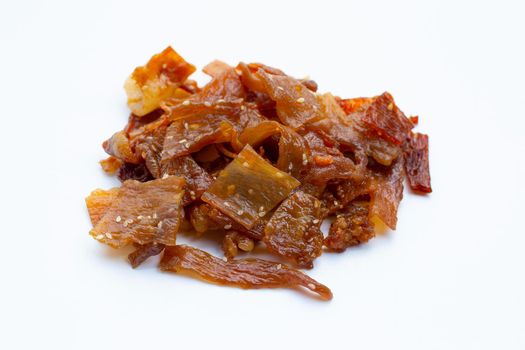 Sweet pork or pork Jerky on white background.