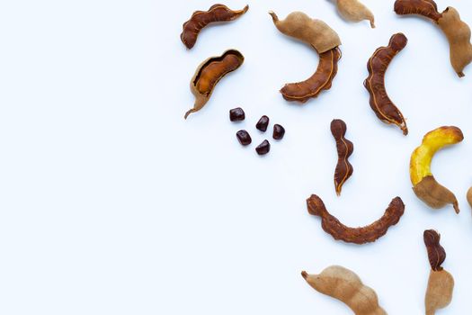 Tamarind tropical fruit on white background. Top view