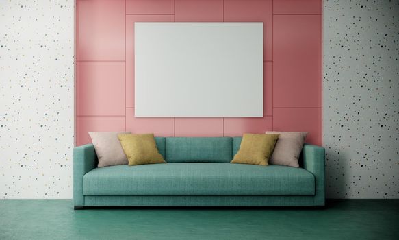 blank picture frame mock up in modern colorful living room interior with green sofa on pink and white wall, 3d rendering