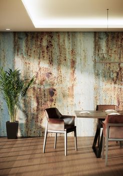 modern grunge dining room interior design, grunge wall style and wooden floor, 3d render background