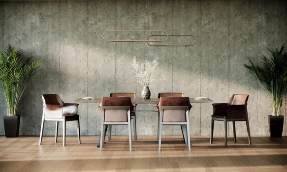 modern loft dining room interior design, gray loft wall and parquet floor, 3d render background