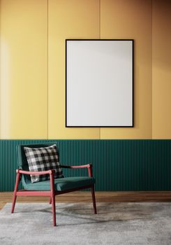 Blank picture frame mock up on yellow wall, room interior, 3d rendering vertical background