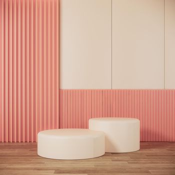 Modern minimal room interior design and circle podium on peach wall and white floor. 3d background