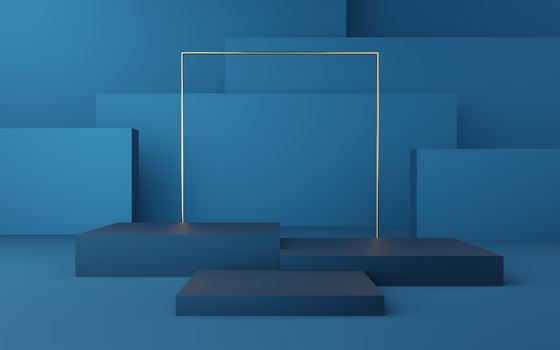 Empty blue cube podium with gold border and gold square on blue box background. Abstract minimal studio 3d geometric shape object. Mockup space for display of product design. 3d rendering.