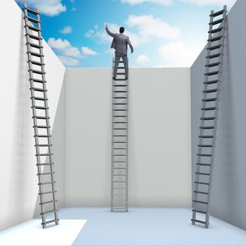 Businessman climbing a ladder to escape from problems