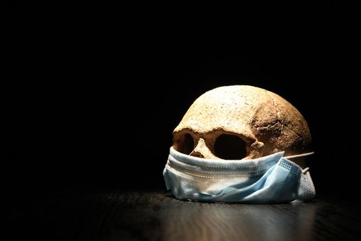 Covid concept. Blue Medical Disposable Face Mask On Human Skull