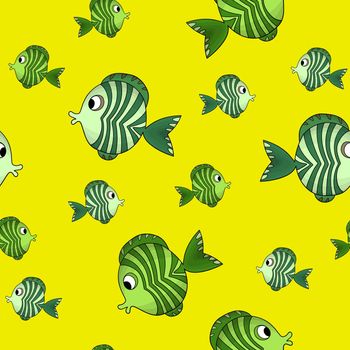 Seamless pattern with cute fish on yellow background. Vector cartoon animals colorful illustration. Adorable character for cards, wallpaper, textile, fabric. Flat style.